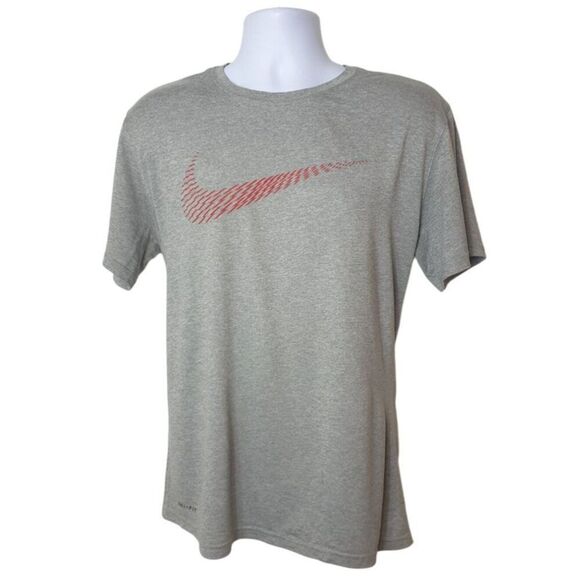 Nike Mens Swoosh T-Shirt L Gray Red Logo  Dri-Fit Athletic Workout Running Gym - Picture 1 of 5
